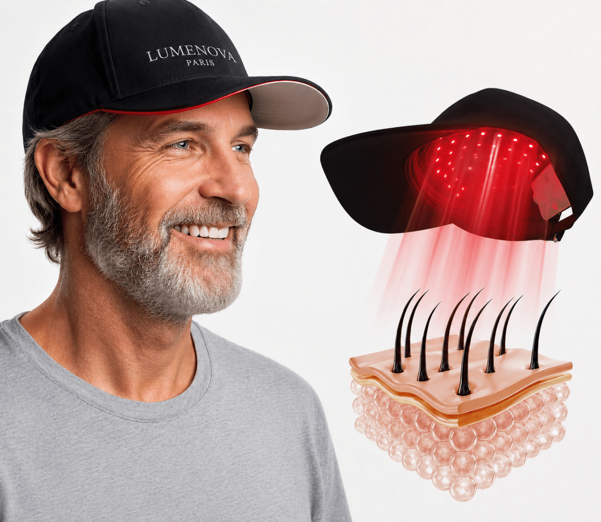 Casquette led cheveux LED rouge allumée stimulation cuir chevelu repousse Lumenova Paris