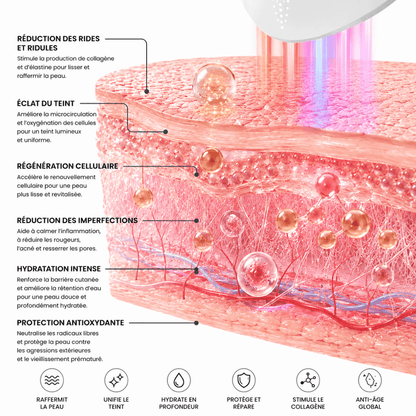 Schéma pénétration lumière led visage couches peau photobiomodulation 460nm 630nm 850nm