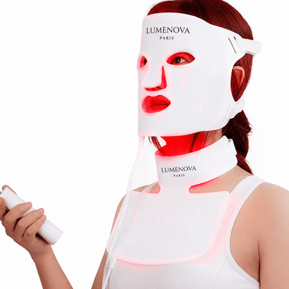 Masque led visage cou porté lumière rouge infrarouge soin domicile Lumenova Paris